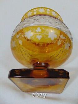 Bohemian Czech Moser Art Glass Amber Cut to Clear Diamond Intaglio Crystal Vase