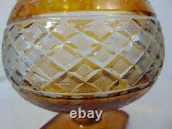 Bohemian Czech Moser Art Glass Amber Cut to Clear Diamond Intaglio Crystal Vase