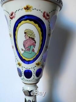 Bohemian Czech Moser Crystal Urn Vase Portrait White Overlay Cut To Cobalt