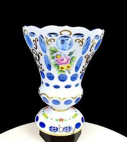 Bohemian Czech White Cut To Light Blue Gilded Heavy Crystal Large 8 1/8 Vase
