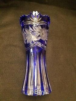 Bohemian Czech cobalt blue crystal glass cut to clear saw tooth edges floral