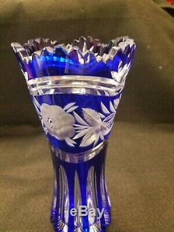 Bohemian Czech cobalt blue crystal glass cut to clear saw tooth edges floral
