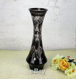Bohemian Dark Ruby Red Cranberry Cut to Clear Crystal Glass Vase Vintage