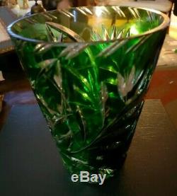 Bohemian Emerald Green Cut Lead Crystal Glass Vase 8 tall