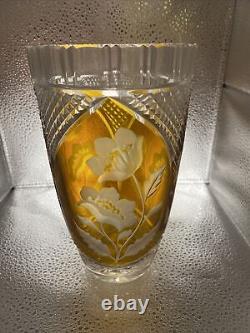 Bohemian Handmade Lead Crystal Vase Yellow Cut To Clear, Floral And Diamond