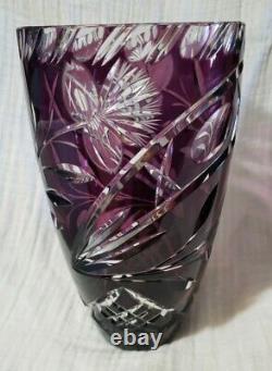 Bohemian Heavy Crystal Cut to Clear Vase Purple Amethyst 10 tall x 6 diameter