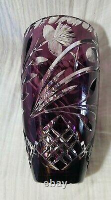 Bohemian Heavy Crystal Cut to Clear Vase Purple Amethyst 10 tall x 6 diameter