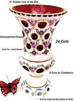 Bohemian Overlay Cut Crystal Mantle Vase Scallop To Enameled Painting