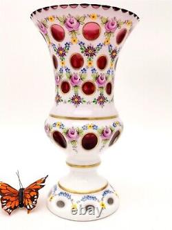 Bohemian Overlay Cut Crystal Mantle Vase Scallop To Enameled Painting