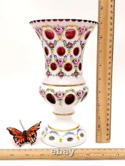 Bohemian Overlay Cut Crystal Mantle Vase Scallop To Enameled Painting