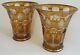 Bohemian Amber Pair Two Tone Gold Cut To Clear Crystal Glass Tall Wide Vases