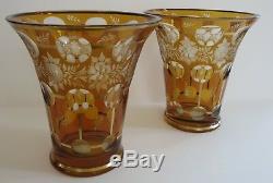 Bohemian amber pair two tone gold cut to clear crystal glass tall wide vases