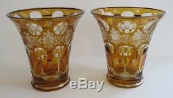 Bohemian amber pair two tone gold cut to clear crystal glass tall wide vases