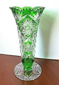 Bohemian vintage hand cut to clear green glass tall crystal vase 8.5 H
