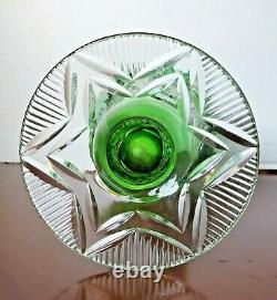 Bohemian vintage hand cut to clear green glass tall crystal vase 8.5 H