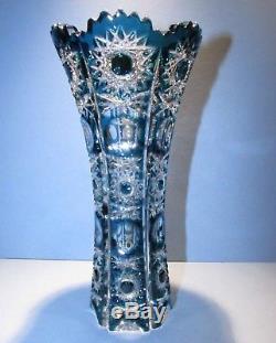 CAESAR CRYSTAL Azure Teal Vase Hand Cut to Clear Overlay Czech Bohemian Cased