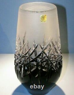 CAESAR CRYSTAL Black Vase Hand Cut to Clear Overlay Czech Bohemia Cased Heavy