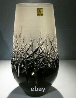 CAESAR CRYSTAL Black Vase Hand Cut to Clear Overlay Czech Bohemia Cased Heavy