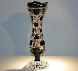 CAESAR CRYSTAL Black Vase Hand Cut to Clear Overlay Czech Bohemian Cased