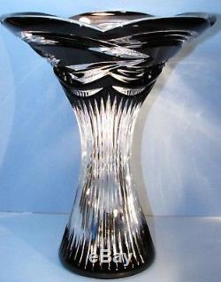 CAESAR CRYSTAL Black Vase Hand Cut to Clear Overlay Czech Bohemian Cased NIB LG