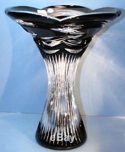 CAESAR CRYSTAL Black Vase Hand Cut to Clear Overlay Czech Bohemian Cased NIB LG