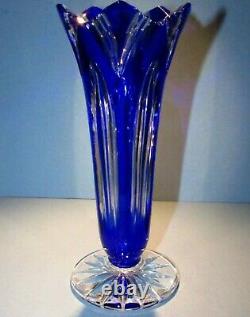 CAESAR CRYSTAL Blue Vase Hand Cut to Clear Overlay Czech Bohemian Cased 8 Inches