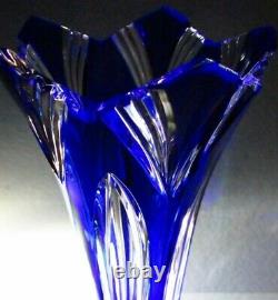 CAESAR CRYSTAL Blue Vase Hand Cut to Clear Overlay Czech Bohemian Cased 8 Inches