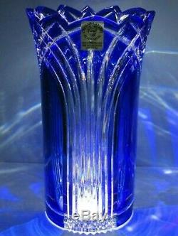 CAESAR CRYSTAL Cobalt Blue Vase Blown Cut to Clear Overlay Czech Bohemian Cased