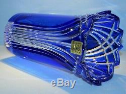 CAESAR CRYSTAL Cobalt Blue Vase Blown Cut to Clear Overlay Czech Bohemian Cased