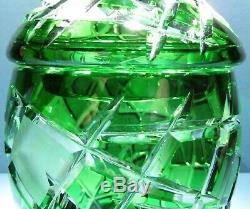 CAESAR CRYSTAL Jar w Lid Bowl Emerald Green Cut to Clear Overlay Czech Bohemian