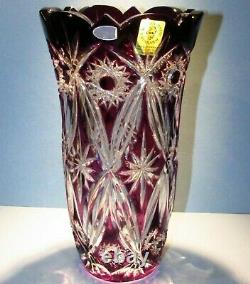CAESAR CRYSTAL Purple Vase Blown Cut to Clear Overlay Czech Bohemia Cased