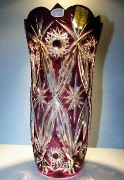 CAESAR CRYSTAL Purple Vase Blown Cut to Clear Overlay Czech Bohemia Cased