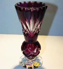 CAESAR CRYSTAL Purple Vase Blown Cut to Clear Overlay Czech Bohemia Cased NIB
