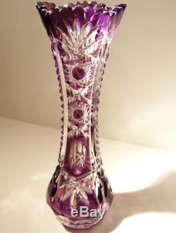 CAESAR CRYSTAL Purple Vase Hand Cut to Clear Overlay Czech Bohemia Bohemian