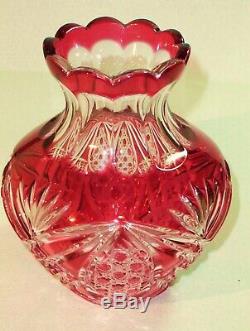 CAESAR CRYSTAL Red Vase Hand Cut to Clear Overlay Czech Bohemian Cased Art Glass