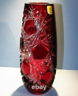 CAESAR CRYSTAL Red Vase Hand Cut to Clear Overlay Czech Bohemian Cased Bohemiae