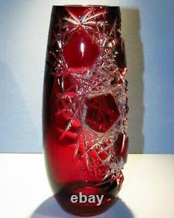 CAESAR CRYSTAL Red Vase Hand Cut to Clear Overlay Czech Bohemian Cased Bohemiae