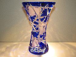 CAESAR CRYSTAL Vase Blue Hand Cut to Clear Overlay Czech Bohemian Cased Sklo