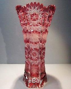 CAESAR CRYSTAL Vase RED Hand Cut to Clear Overlay Czech Bohemian Cased Art Glass