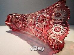 CAESAR CRYSTAL Vase RED Hand Cut to Clear Overlay Czech Bohemian Cased Art Glass