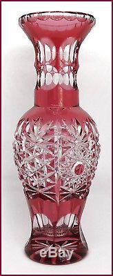 CRANBERRY RED PINK Vase Brilliant CUT TO CLEAR 24% LEAD CRYSTAL East GERMANY 70s