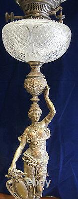 C. 1900 Victorian Deep Cut Crystal Silvered Bronze Oil Lamp Sculpture Decor