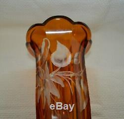 C. 1920's Vintage Moser Amber/Clear Deep Cut Glass Vase Engraved with Flowers