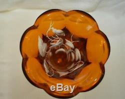 C. 1920's Vintage Moser Amber/Clear Deep Cut Glass Vase Engraved with Flowers