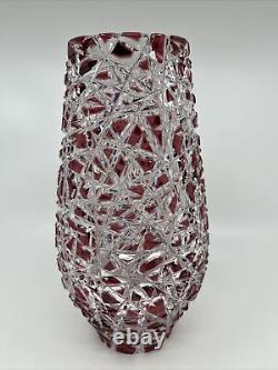 Caesar Crystal Taiga Cranberry Hand Cut To Clear 9.75 Bohemian Vase