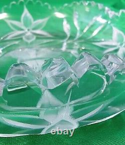 Canastota Ideal Cut Glass Double Nappy ABP Etched Poinsettia Diamond Butterfly