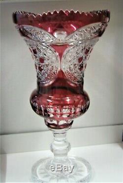 Case Crystal, Color cut to clear, 16 Red Pedestal Vase, Handcut Crystal 24% Lead