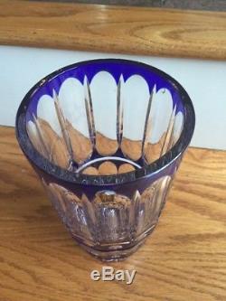 Cased Crystal Cobalt Blue Cut To Clear Glass Large Vase Centerpiece Poland
