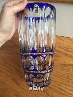 Cased Crystal Cobalt Blue Cut To Clear Glass Large Vase Centerpiece Poland