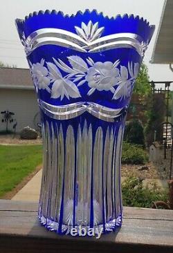 Cobalt Blue Cut To Clear Bohemian Crystal Vase 11.25 x 8 Heavy and nice